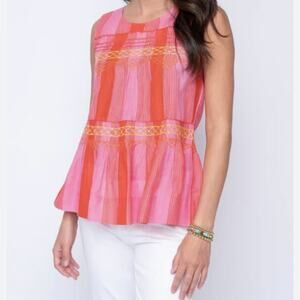 Ivy Jane Embroidered Smocked Sleeveless Top Striped Pink Medium Boho Flowy Tie